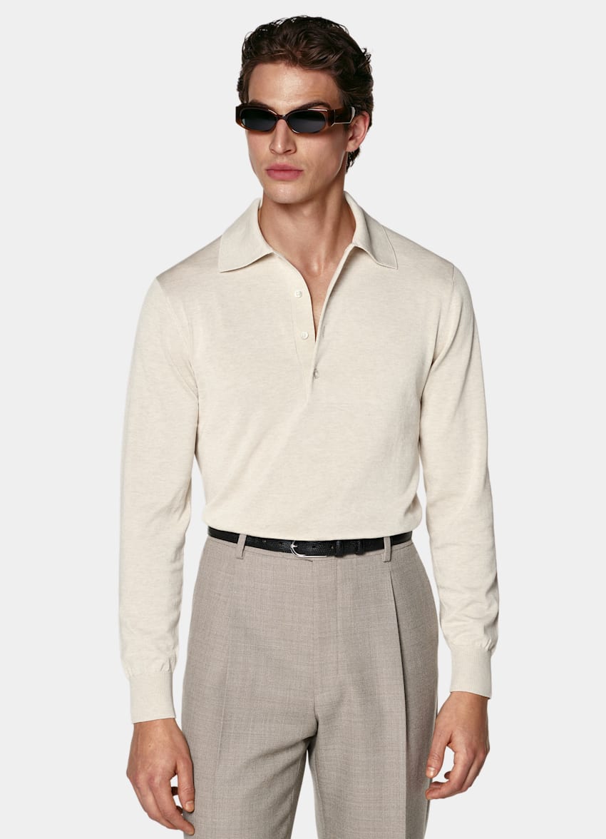 SUITSUPPLY Cotton Silk Sand Long Sleeve Polo