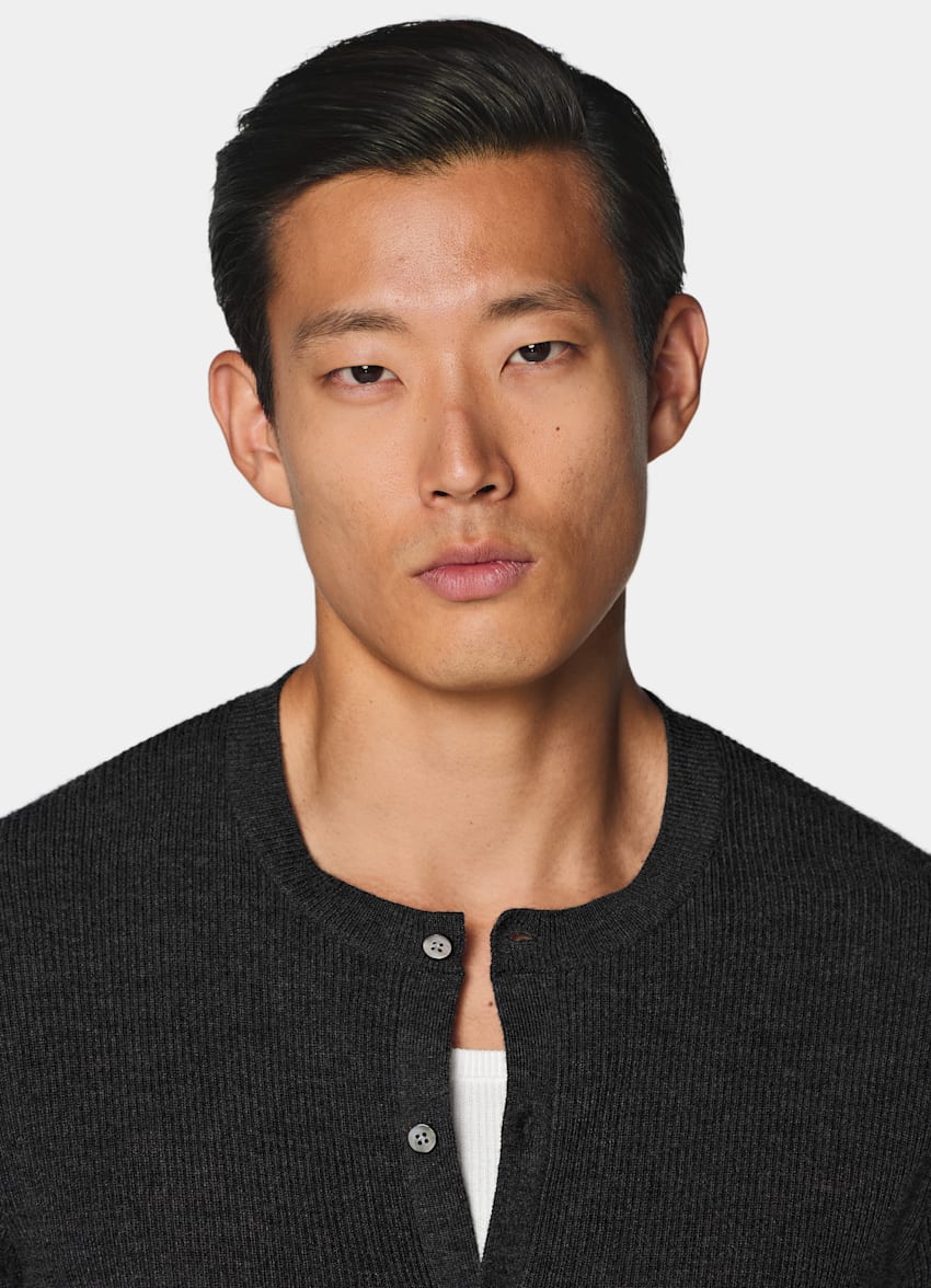 SUITSUPPLY Puur wol Donkergrijze Geribde Cardigan