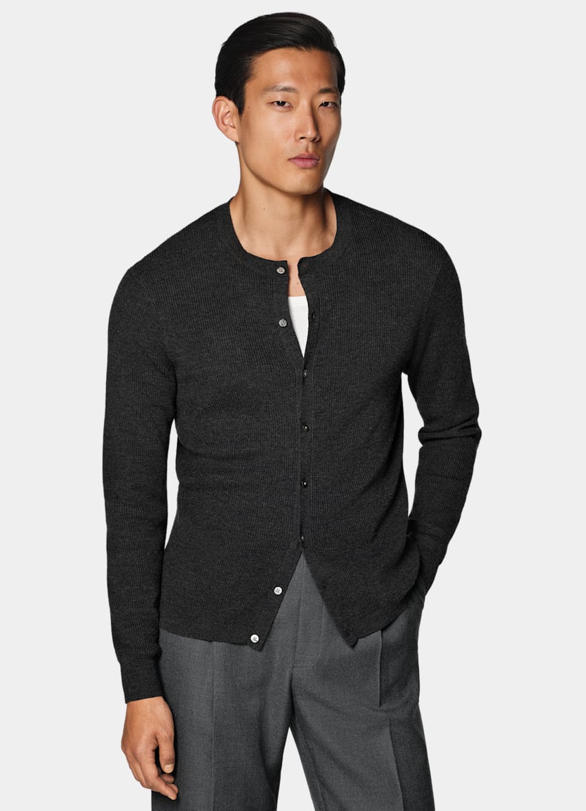 SUITSUPPLY Puur wol Donkergrijze Geribde Cardigan