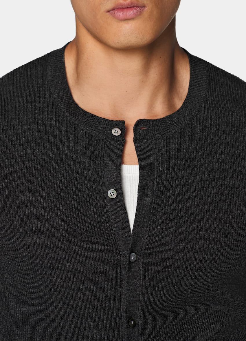 SUITSUPPLY Puur wol Donkergrijze Geribde Cardigan