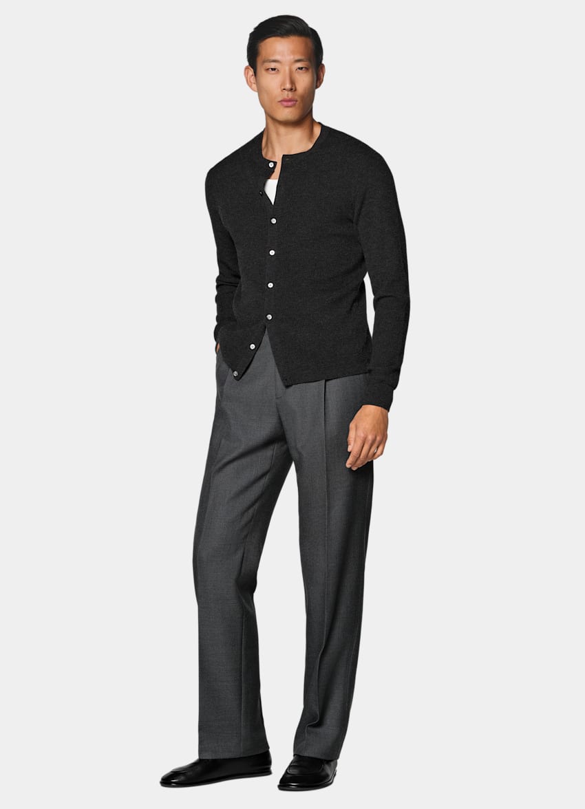 SUITSUPPLY Puur wol Donkergrijze Geribde Cardigan