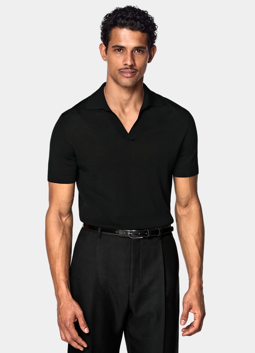 SUITSUPPLY Puro cotone Maglietta polo nera senza bottoni