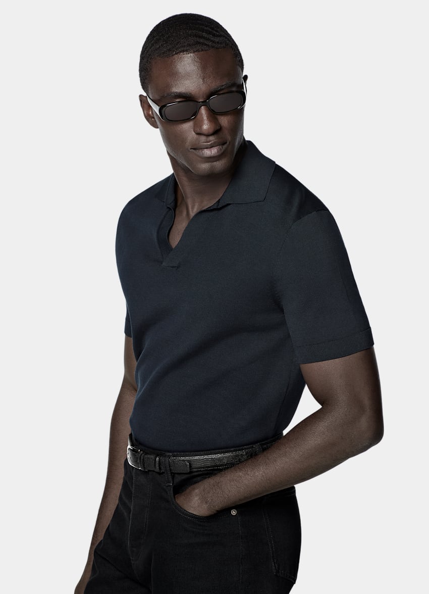 SUITSUPPLY Reine Baumwolle Knopfloses Poloshirt navy