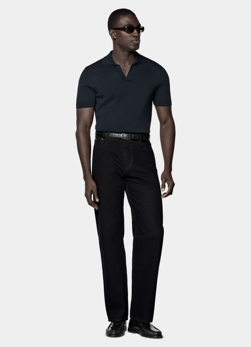 SUITSUPPLY Reine Baumwolle Knopfloses Poloshirt navy