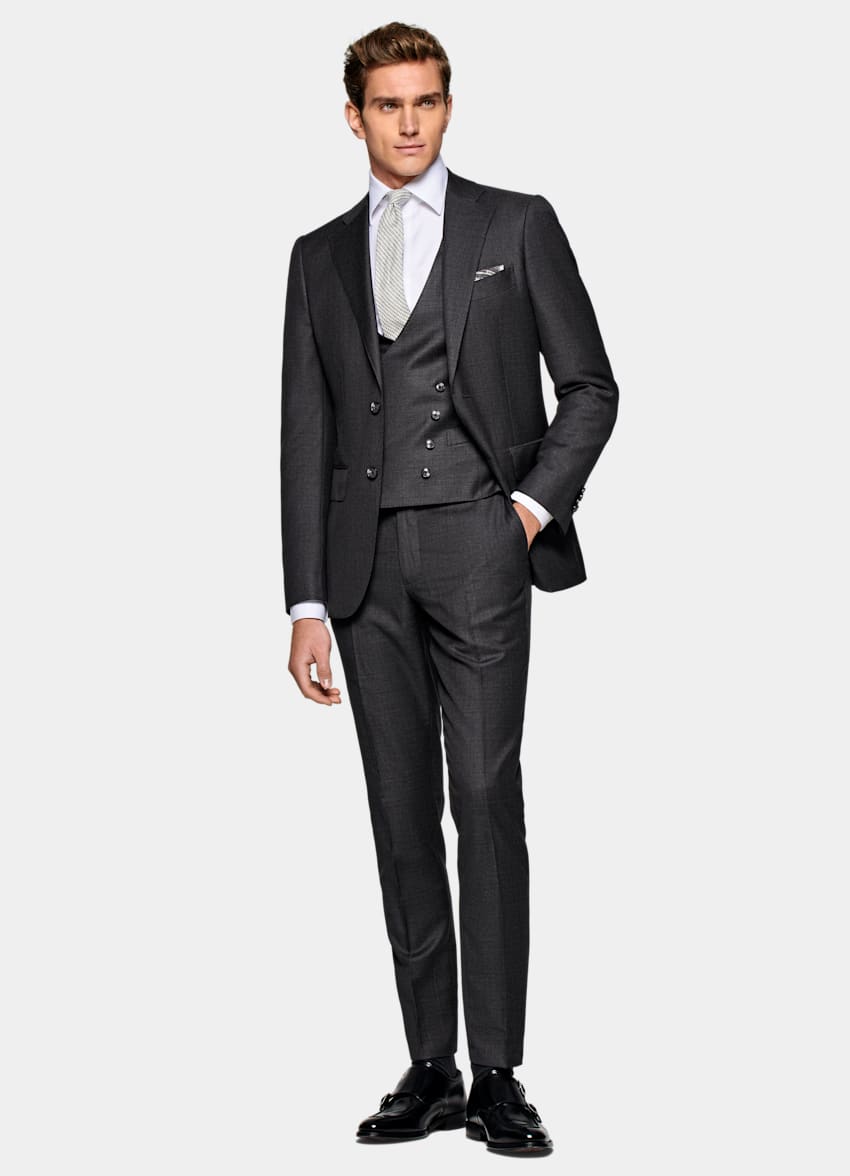 SUITSUPPLY Pure S110's Wool by Vitale Barberis Canonico, Italy  Dark Grey Tailored Fit Lazio Suit