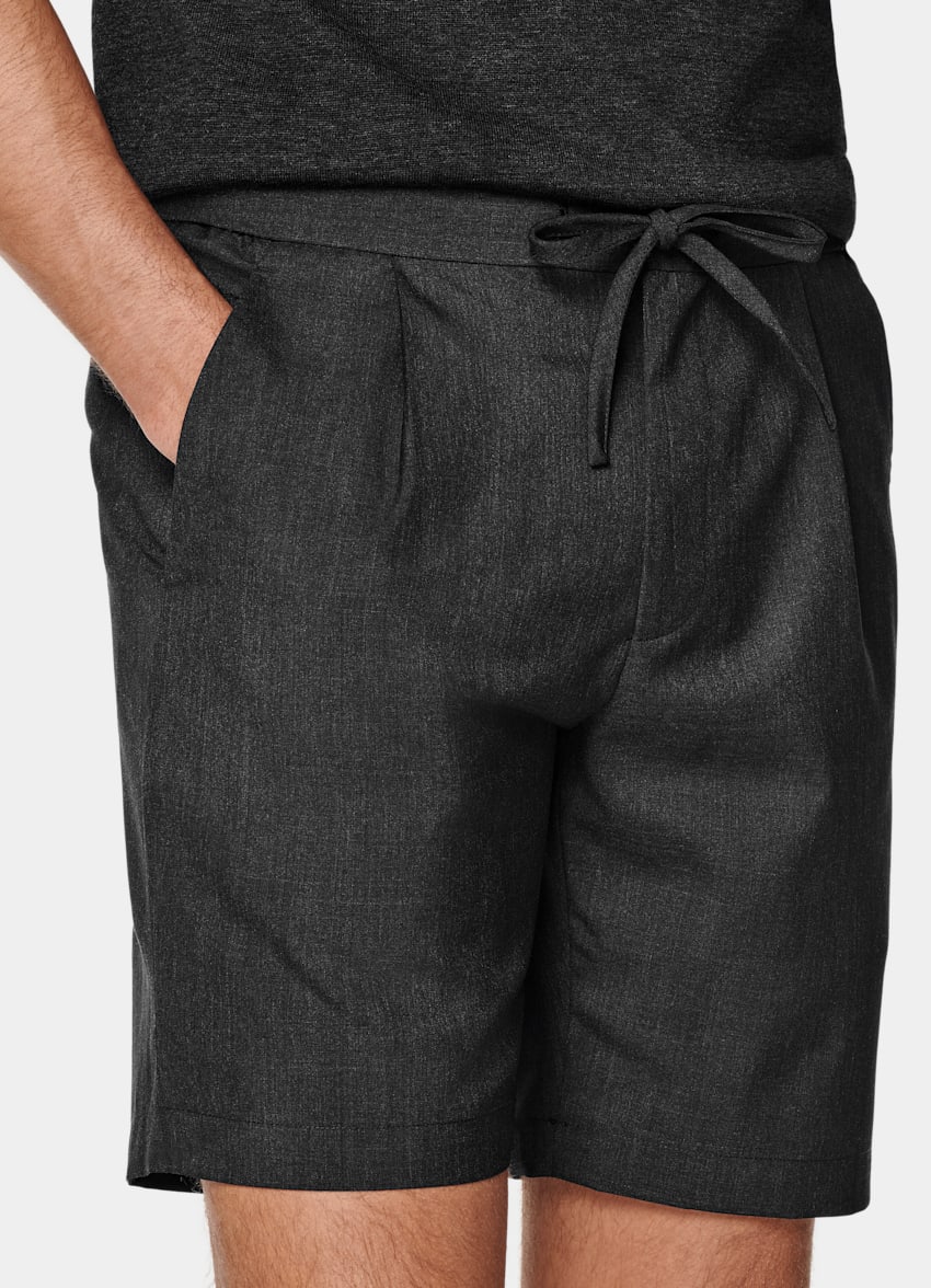 Dark Grey Drawstring Ames Shorts in Pure S120's Tropical Wool
