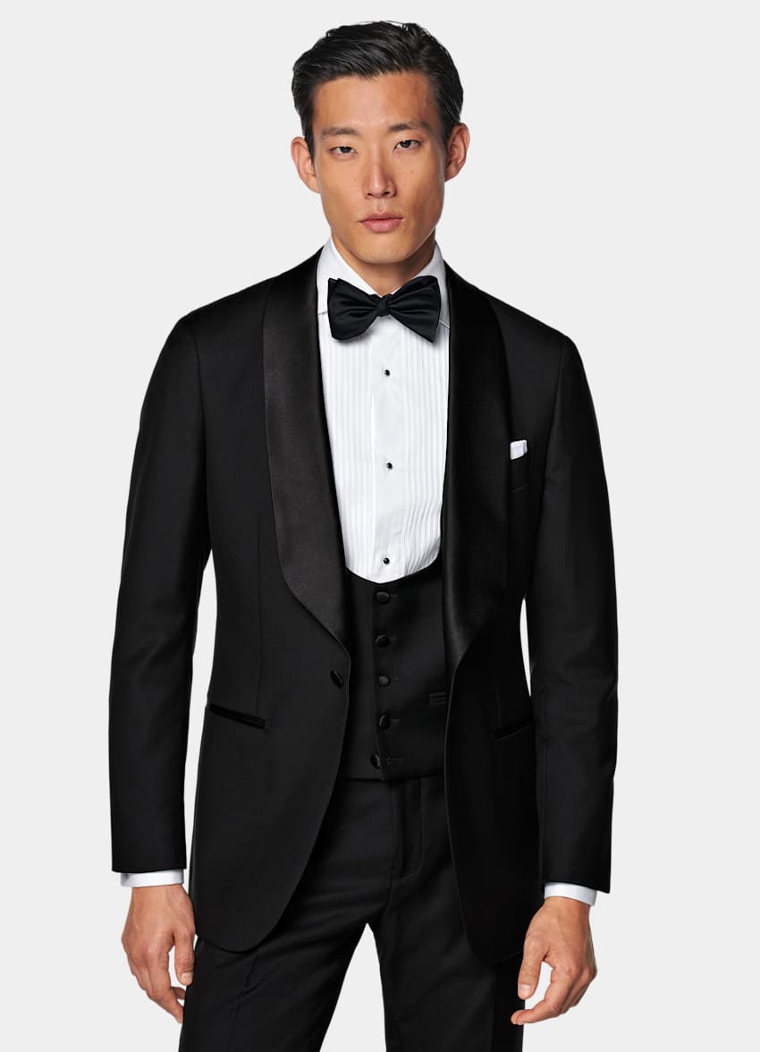 SUITSUPPLY All Season Pure S110's Wool by Vitale Barberis Canonico, Italy Black Three-Piece Tailored Fit Havana Tuxedo