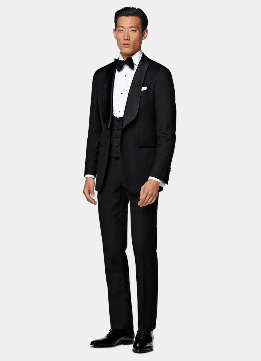 SUITSUPPLY All Season Pure S110's Wool by Vitale Barberis Canonico, Italy Black Three-Piece Tailored Fit Havana Tuxedo