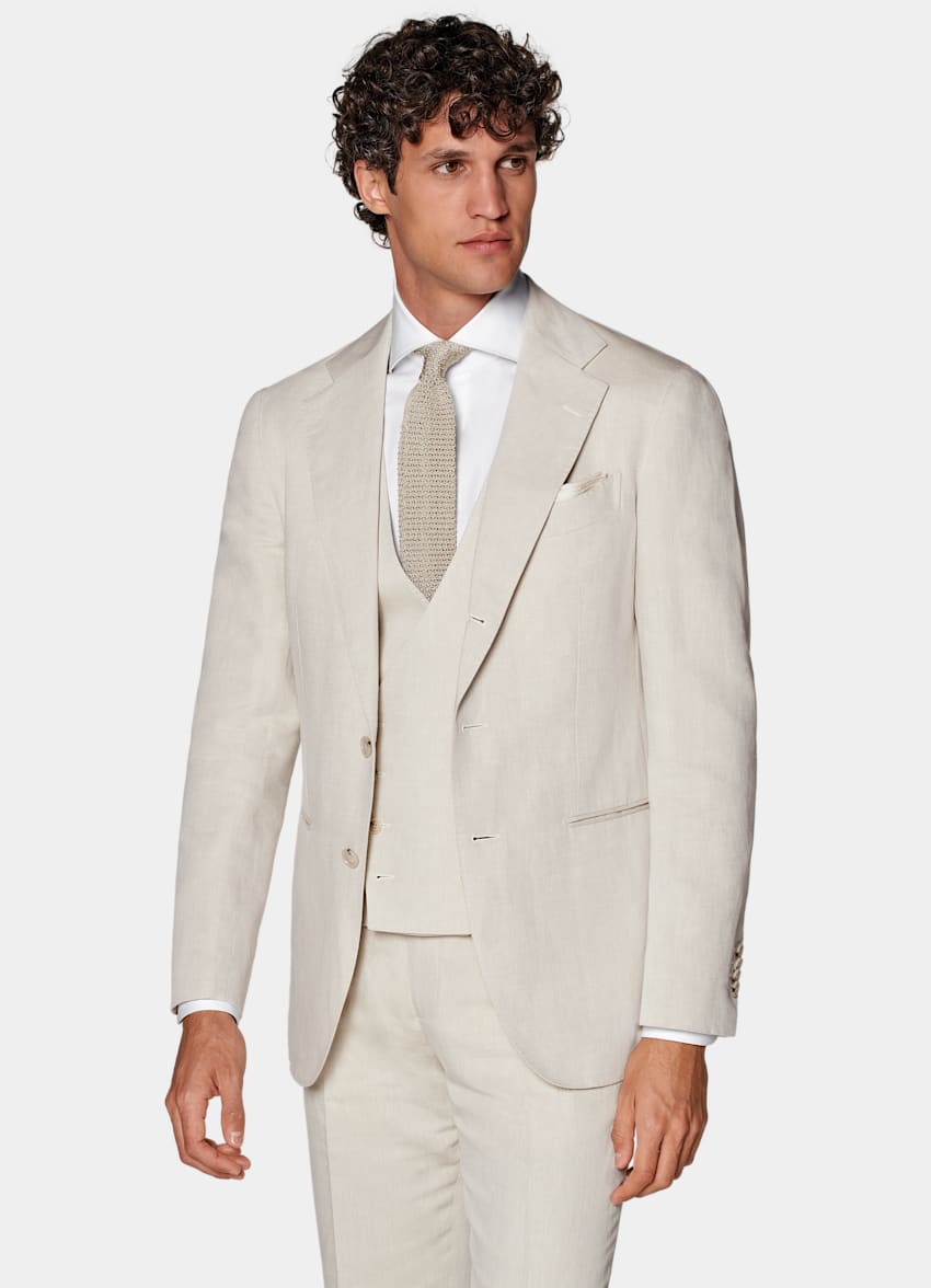 SUITSUPPLY Linen Cotton by Di Sondrio, Italy  Sand Three-Piece Tailored Fit Havana Suit