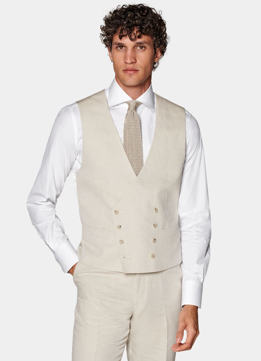 SUITSUPPLY Summer Linen Cotton by Di Sondrio, Italy Sand Tailored Fit Three-Piece Havana Suit