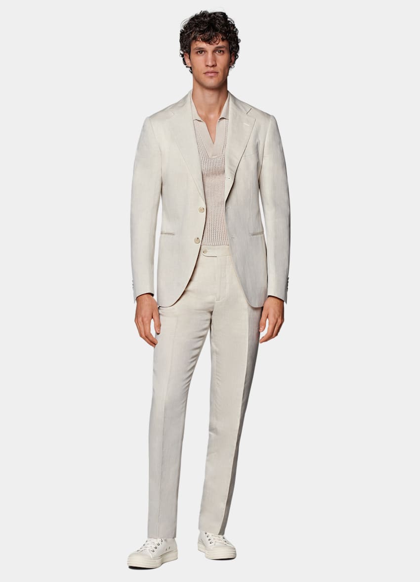 SUITSUPPLY Linen Cotton by Di Sondrio, Italy Sand Tailored Fit Havana Suit