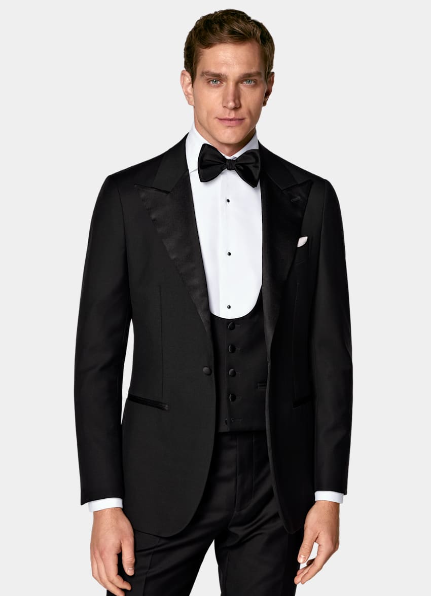 SUITSUPPLY All Season Pure S110's Wool by Vitale Barberis Canonico, Italy Black Three-Piece Tailored Fit Havana Tuxedo