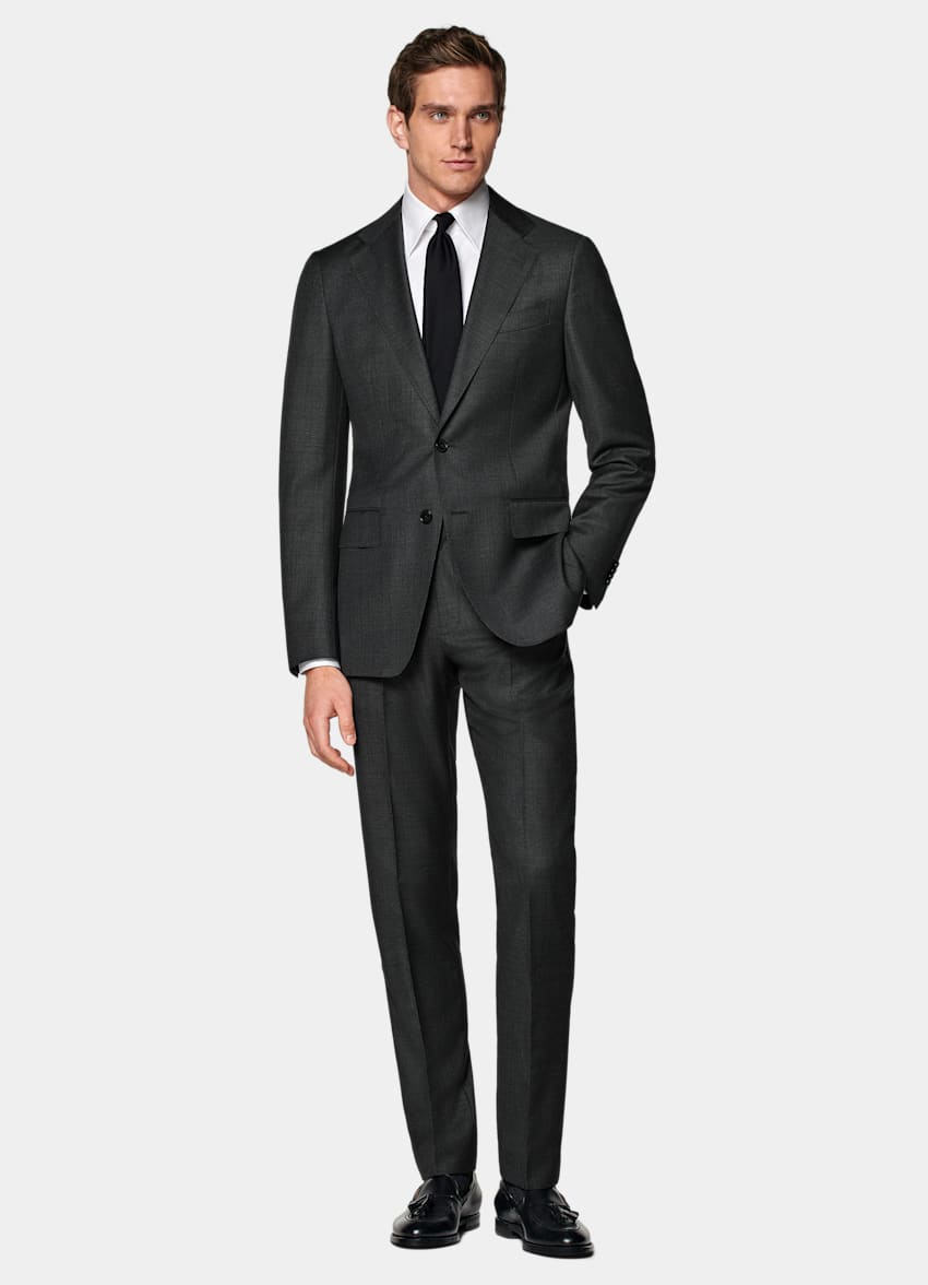 SUITSUPPLY Pure S110's Wool by Vitale Barberis Canonico, Italy  Dark Grey Tailored Fit Havana Suit