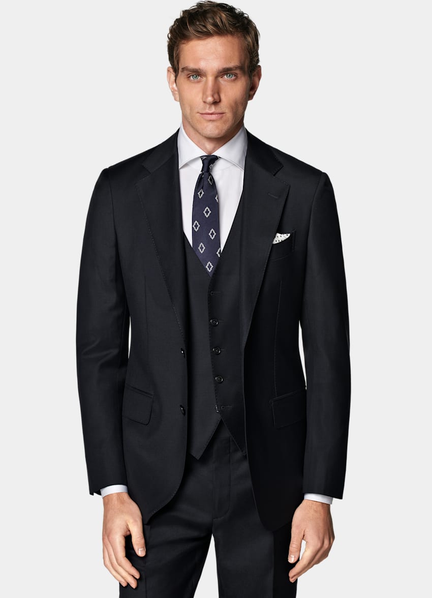 SUITSUPPLY All Season Pure S110's Wool by Vitale Barberis Canonico, Italy  Navy Three-Piece Tailored Fit Havana Suit