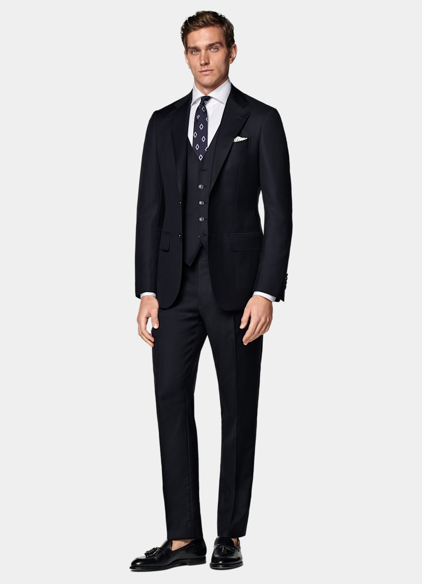 SUITSUPPLY All Season Pure S110's Wool by Vitale Barberis Canonico, Italy  Navy Three-Piece Tailored Fit Havana Suit
