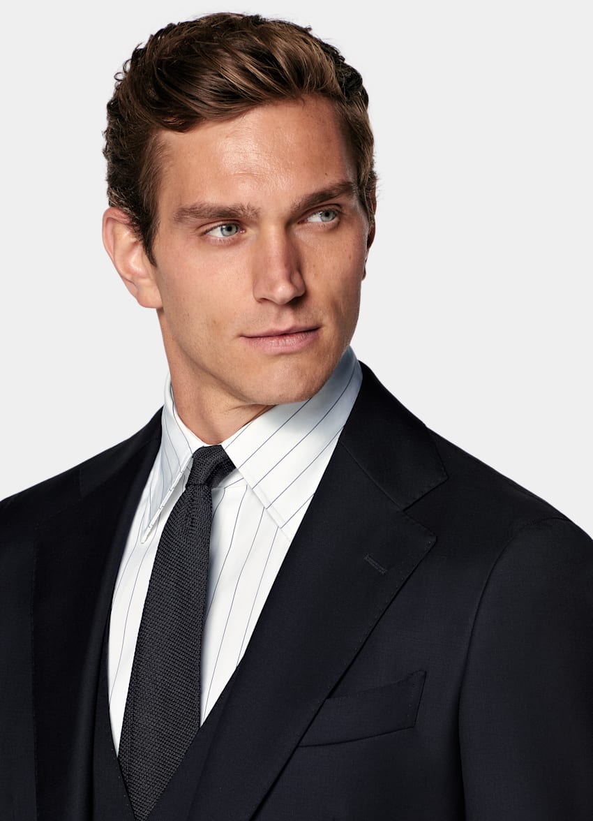 SUITSUPPLY All Season Pure S110's Wool by Vitale Barberis Canonico, Italy Navy Three-Piece Tailored Fit Havana Suit