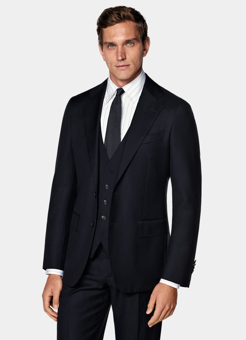 SUITSUPPLY All Season Pure S110's Wool by Vitale Barberis Canonico, Italy Navy Three-Piece Tailored Fit Havana Suit