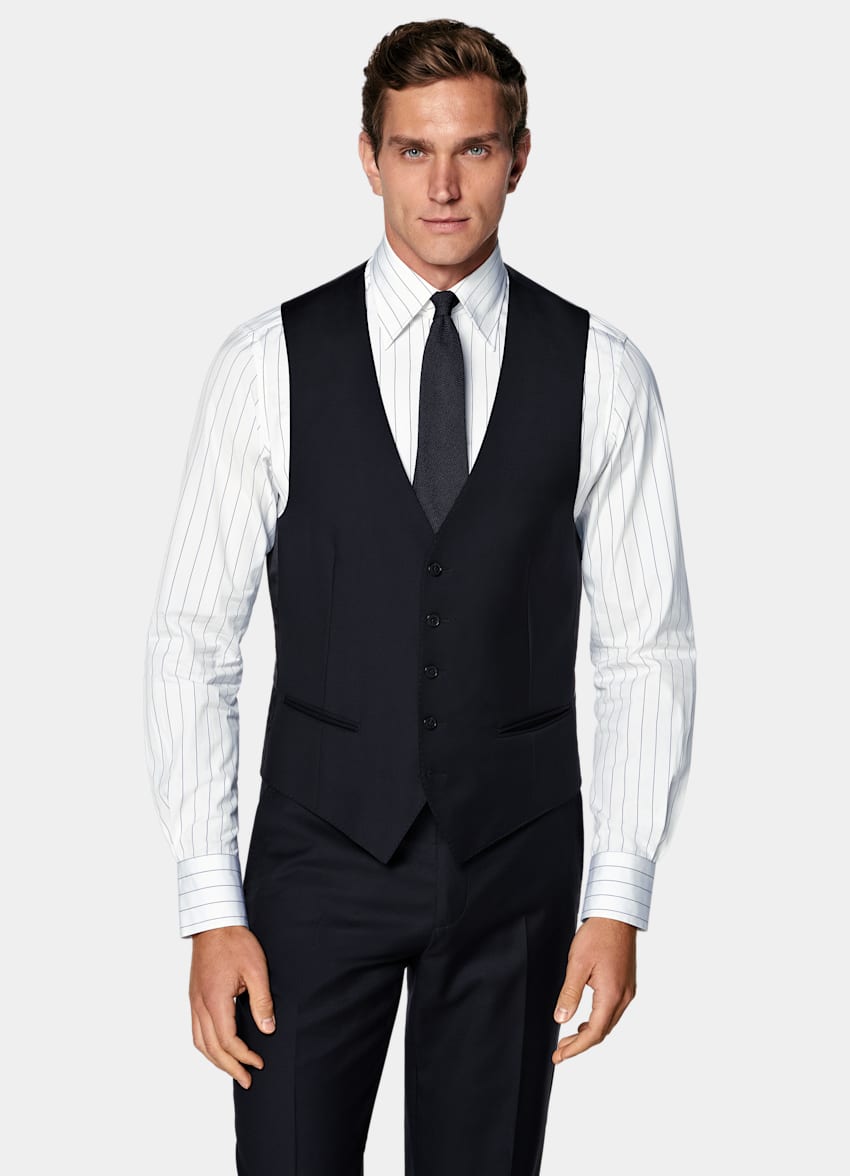 SUITSUPPLY All Season Pure S110's Wool by Vitale Barberis Canonico, Italy Navy Three-Piece Tailored Fit Havana Suit