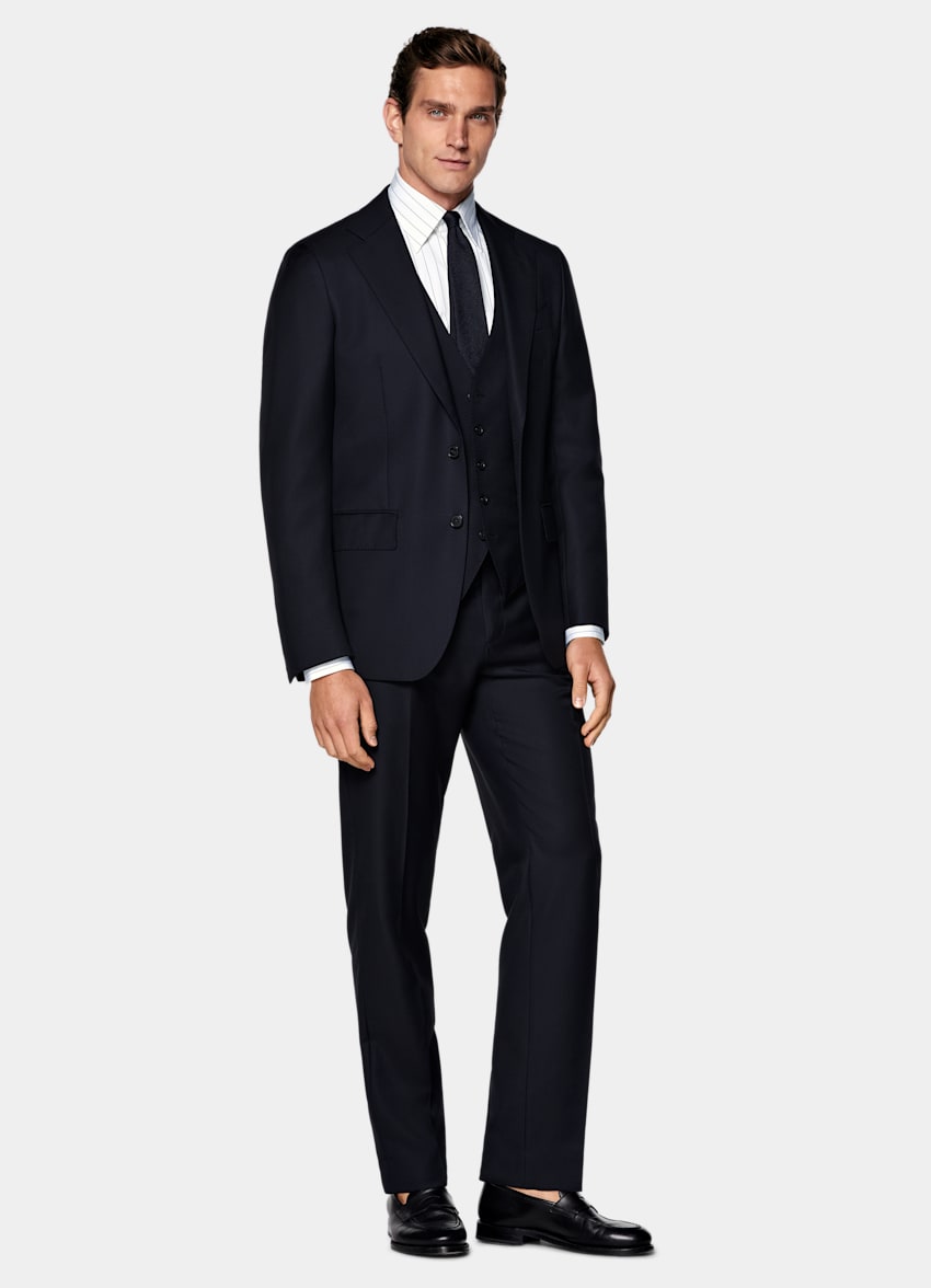 SUITSUPPLY All Season Pure S110's Wool by Vitale Barberis Canonico, Italy Navy Three-Piece Tailored Fit Havana Suit