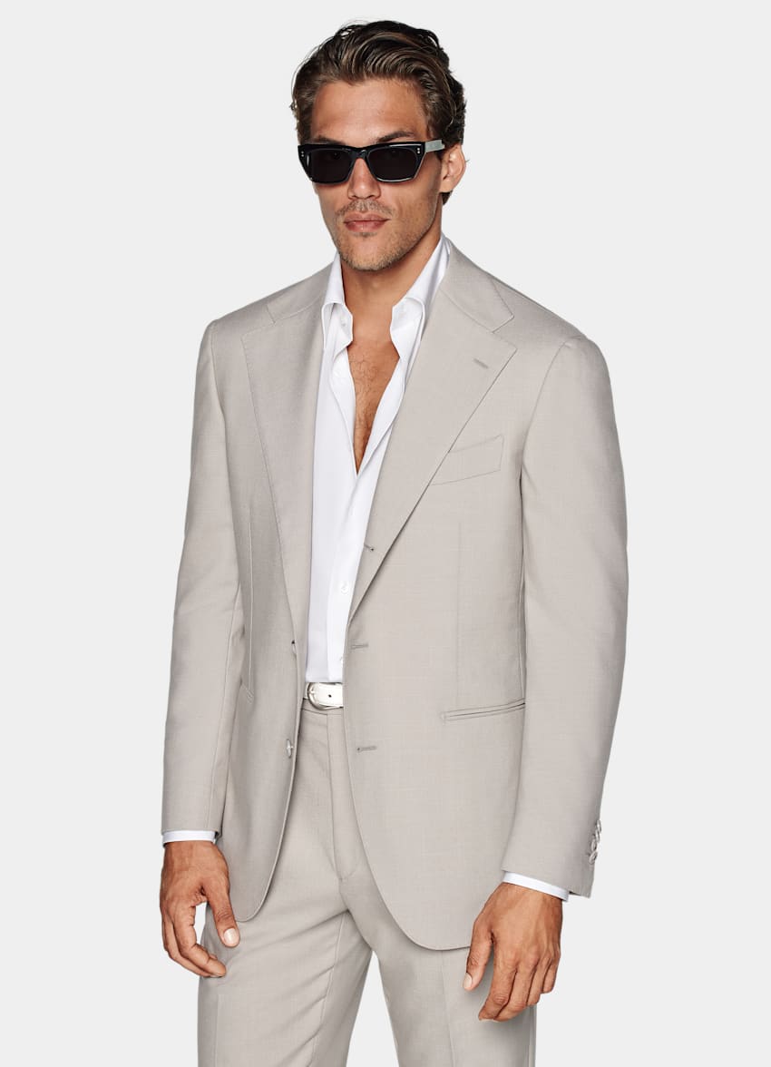 SUITSUPPLY All Season Wrinkle-Free 4-Ply Wool by Rogna, Italy Light Taupe Relaxed Fit Roma Suit