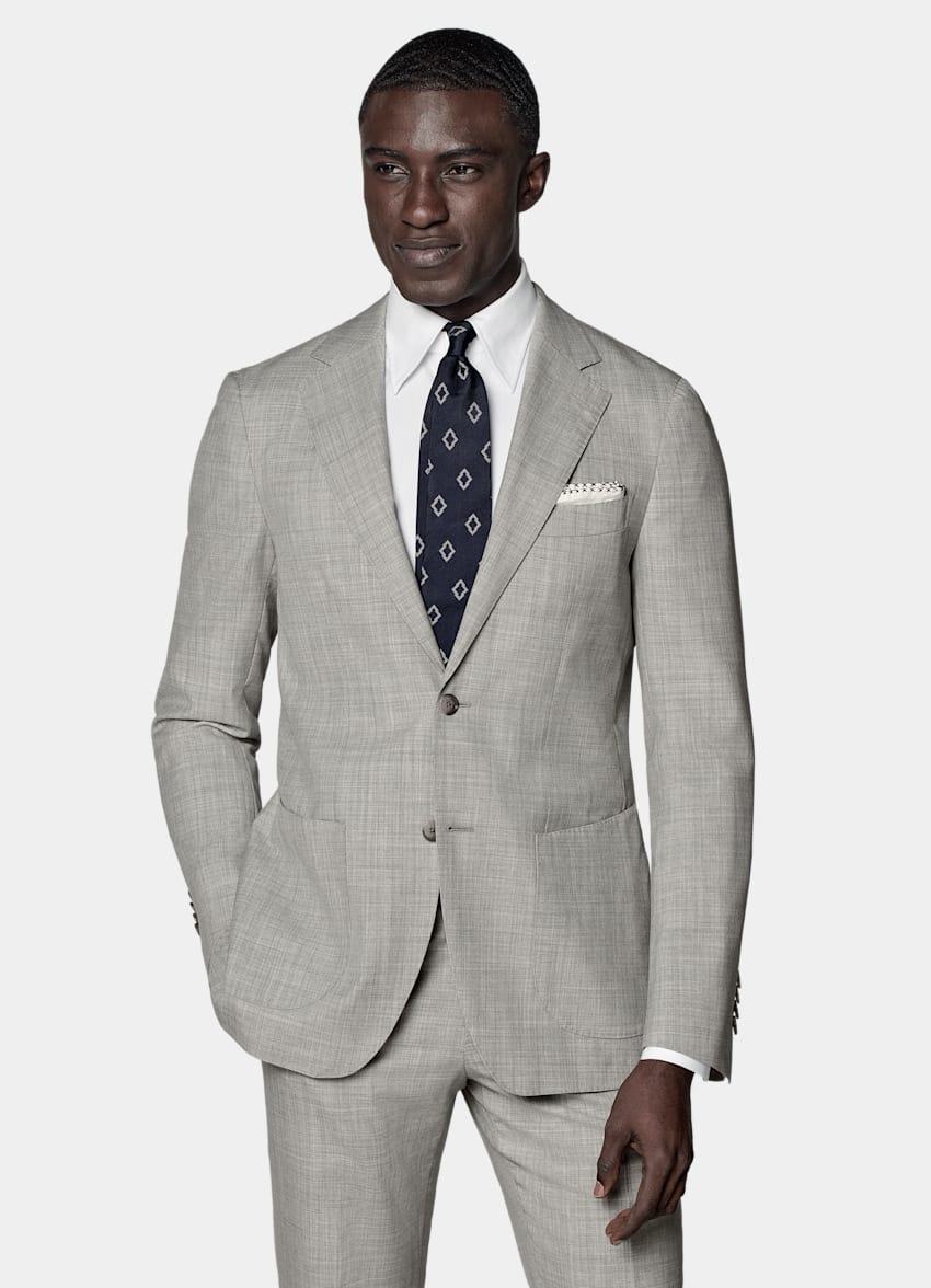 SUITSUPPLY All Season Pure S120's Tropical Wool by Vitale Barberis Canonico, Italy  Light Grey Perennial Tailored Fit Havana Suit