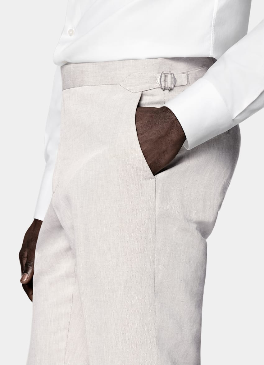SUITSUPPLY Summer Linen Cotton by Di Sondrio, Italy Light Taupe Tailored Fit Havana Suit