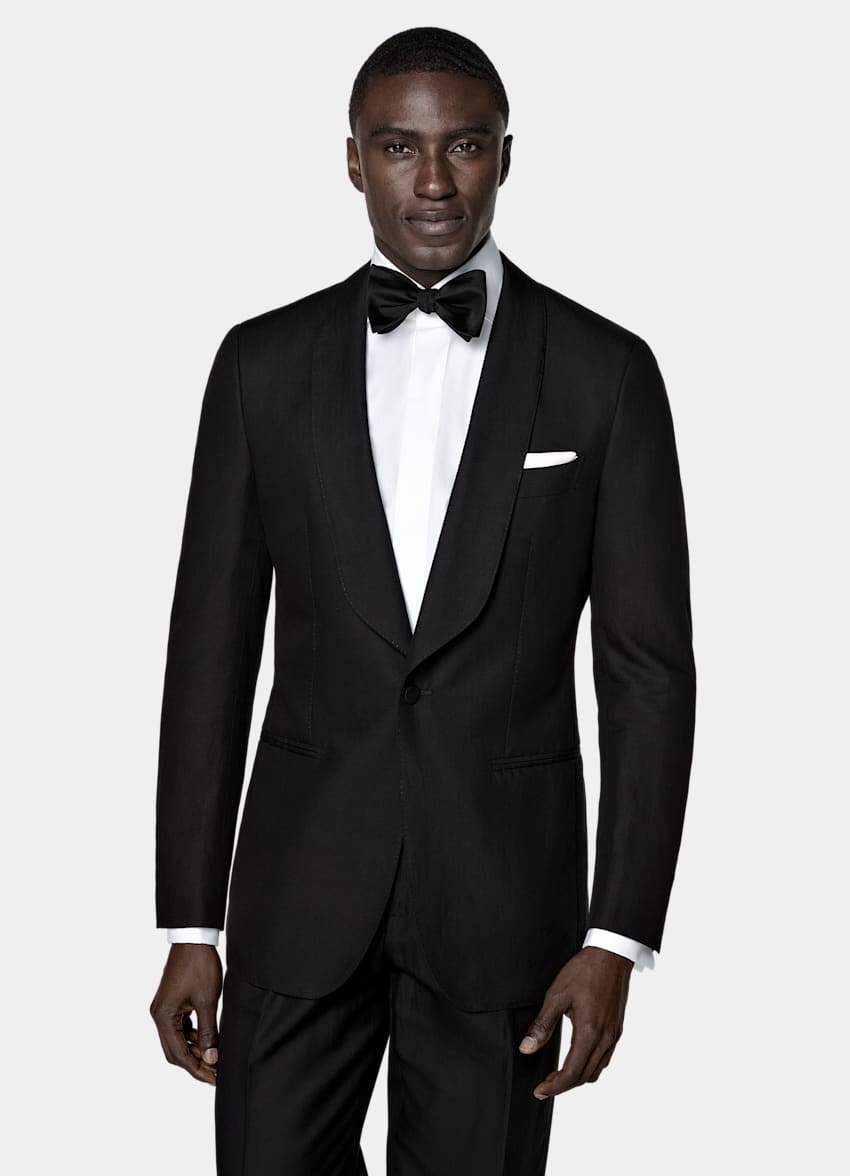 SUITSUPPLY Summer Lyocell Linen Cotton de Di Sondrio, Italia Black Tailored Fit Havana Tuxedo