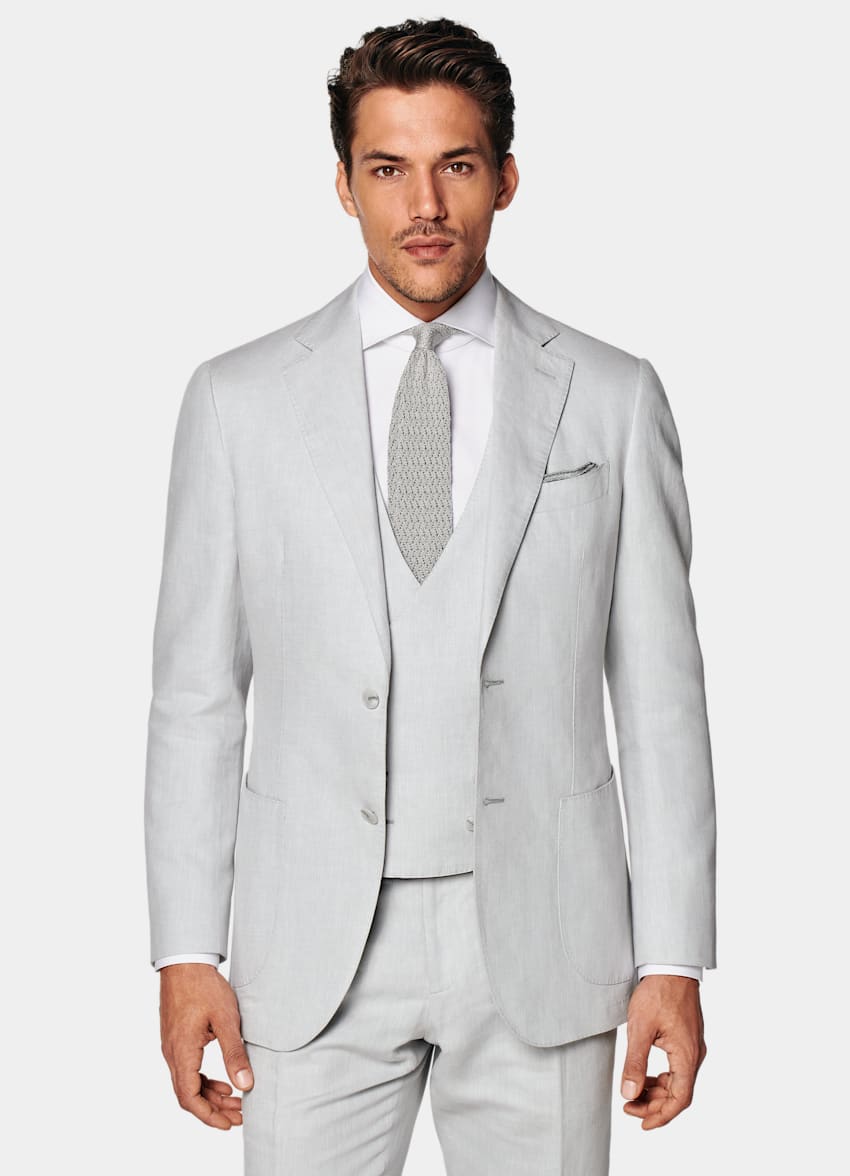 SUITSUPPLY Linen Cotton by Di Sondrio, Italy Light Grey Three-Piece Havana Suit