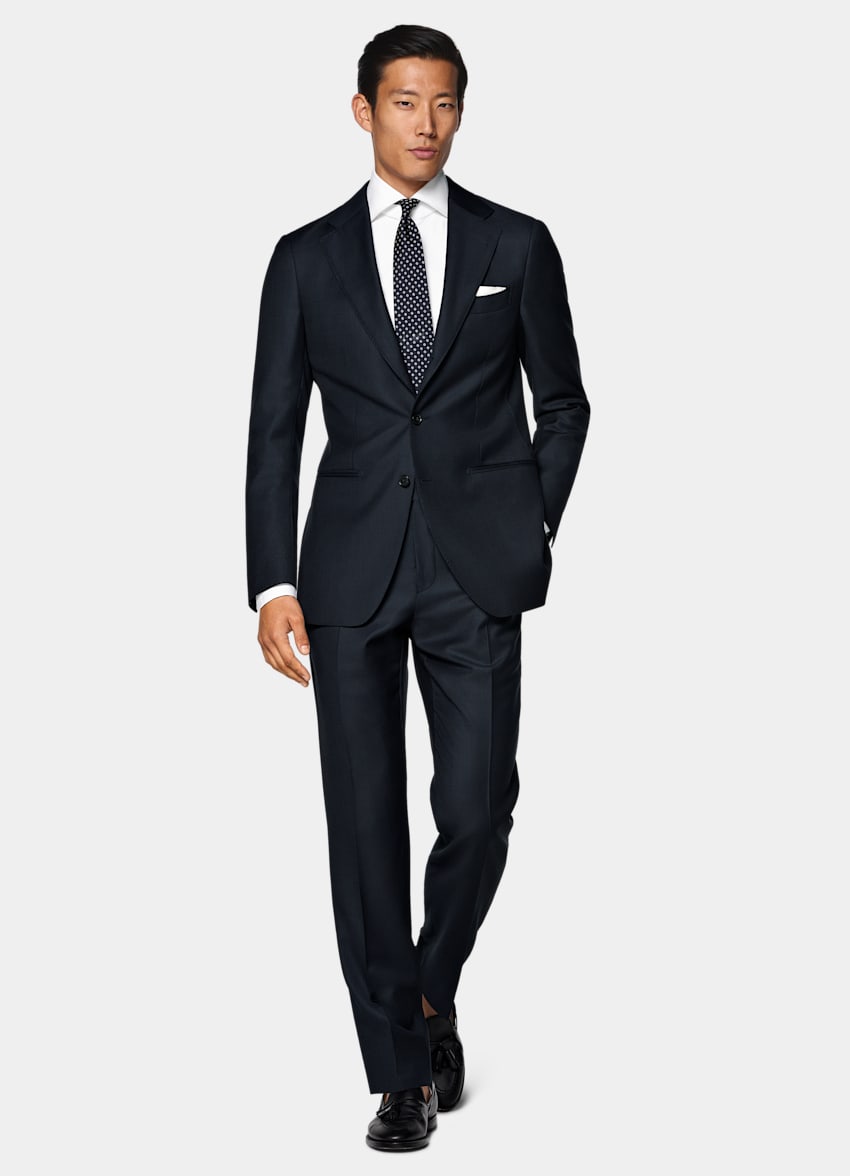 SUITSUPPLY All Season Pura lana S130s de Reda, Italia Traje Havana azul marino corte Tailored