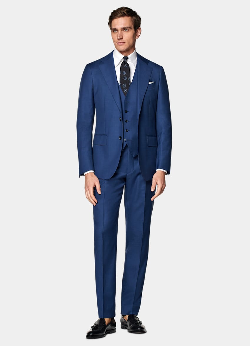 SUITSUPPLY All Season Pure S110's Wool by Vitale Barberis Canonico, Italy Mid Blue Three-Piece Tailored Fit Havana Suit