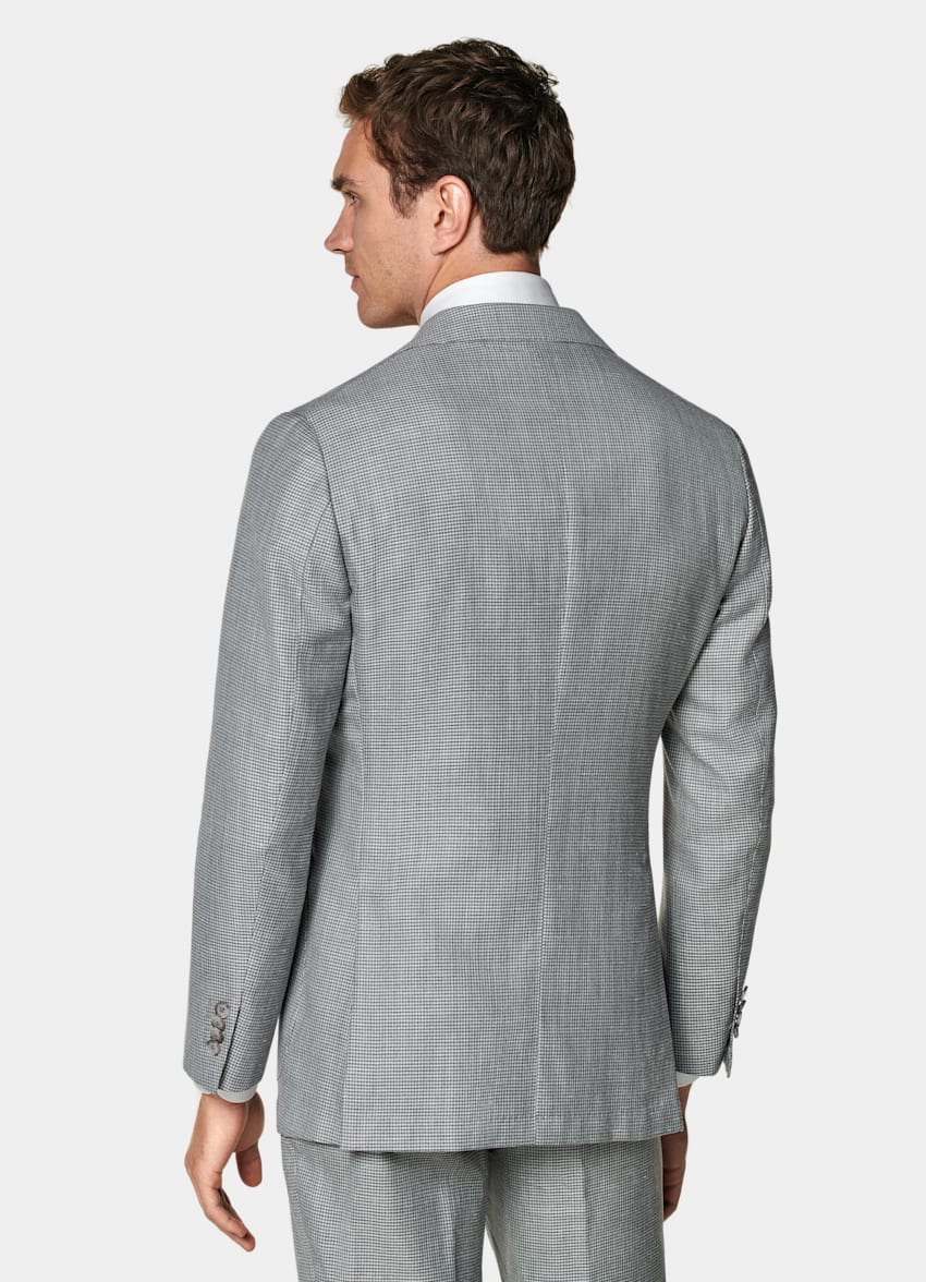SUITSUPPLY Wool Silk Linen by Rogna, Italy Light Grey Houndstooth Three-Piece Havana Suit
