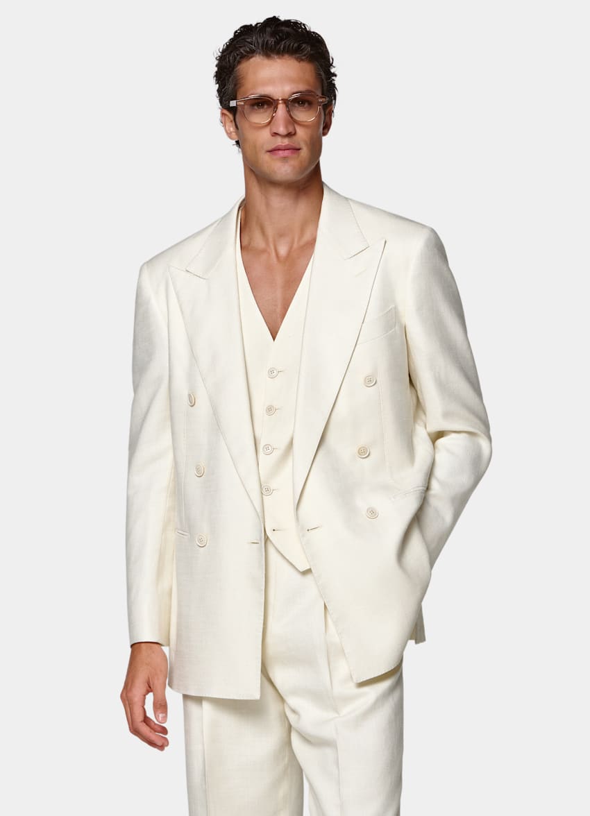 SUITSUPPLY Summer Wool Silk Linen by E.Thomas, Italy Off-White Relaxed Fit Roma Suit