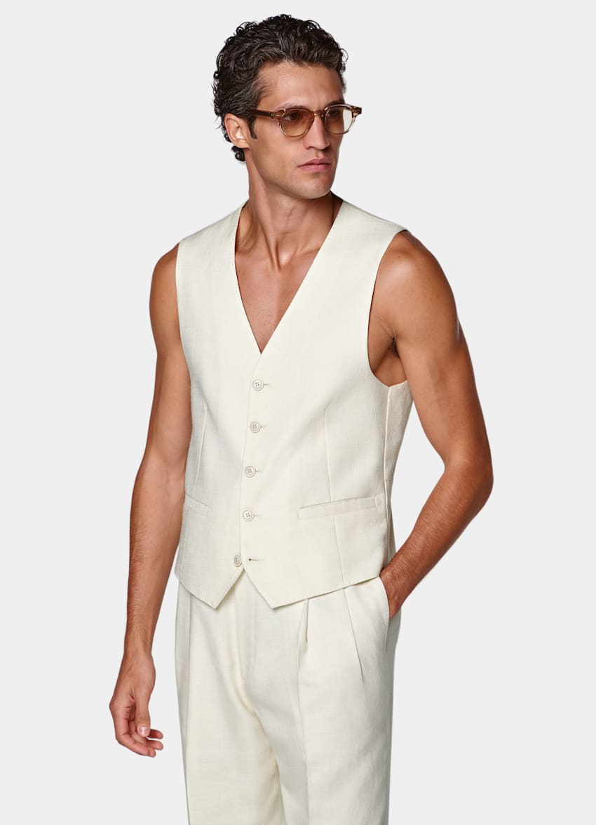 SUITSUPPLY Summer Wool Silk Linen by E.Thomas, Italy Off-White Relaxed Fit Roma Suit