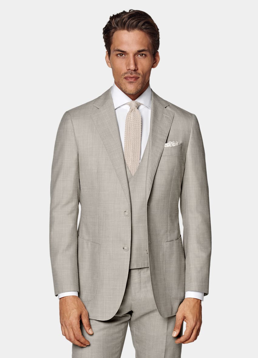 SUITSUPPLY Wool Silk Linen by Rogna, Italy Sand Three-Piece Lazio Suit