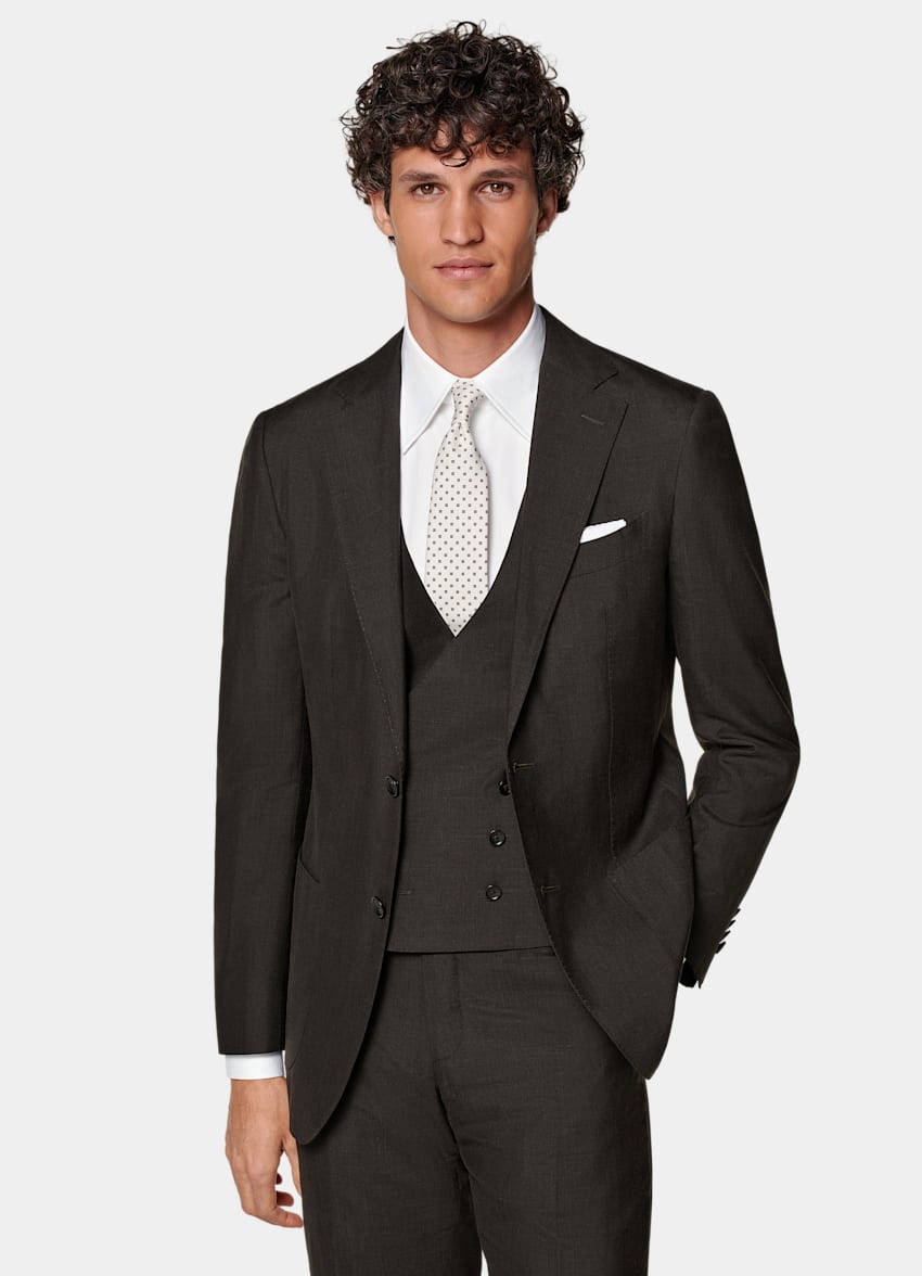 SUITSUPPLY Wool Silk Linen by Rogna, Italy  Dark Brown Three-Piece Tailored Fit Havana Suit