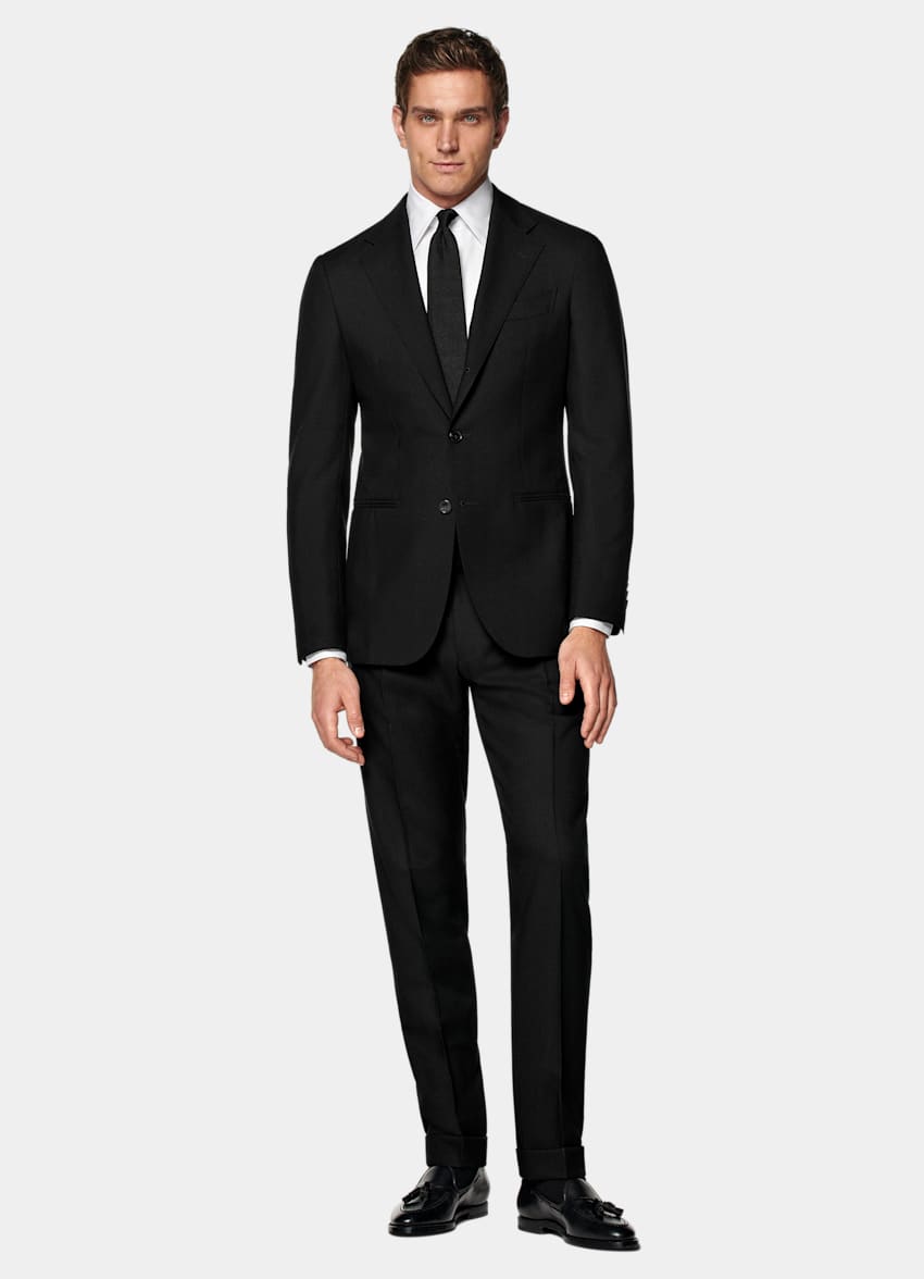 SUITSUPPLY All Season Pure 4-Ply Traveller Wool by Rogna, Italy Black Tailored Fit Havana Suit