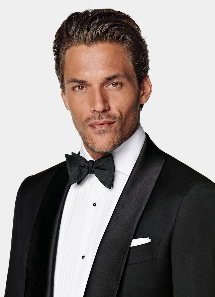 SUITSUPPLY All Season Pure S110's Wool by Vitale Barberis Canonico, Italy Black Three-Piece Tailored Fit Havana Tuxedo