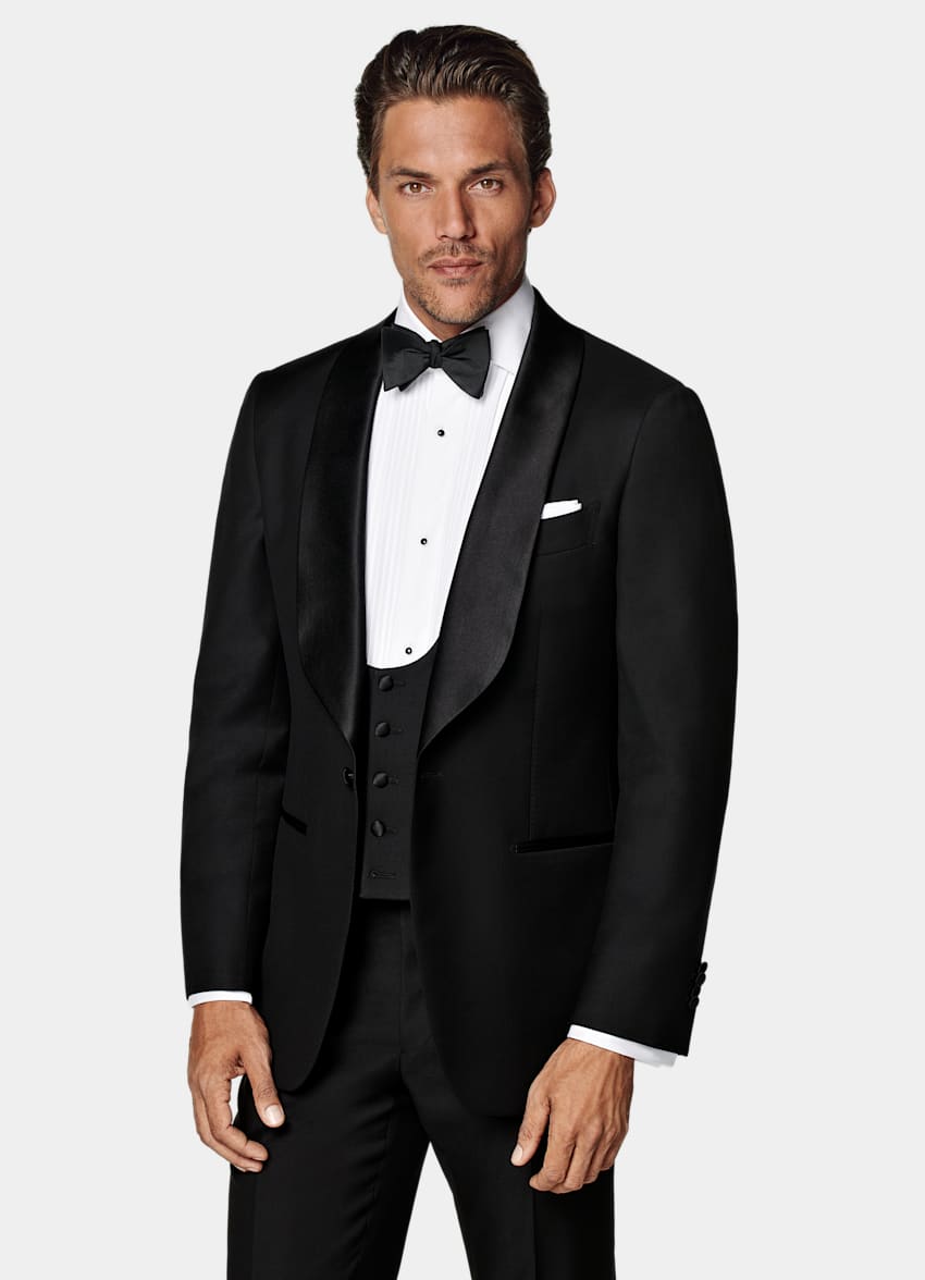 SUITSUPPLY All Season Pure S110's Wool by Vitale Barberis Canonico, Italy Black Three-Piece Tailored Fit Havana Tuxedo