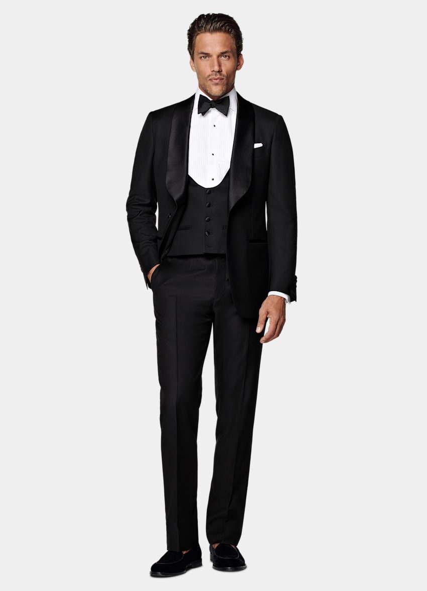 SUITSUPPLY All Season Pure S110's Wool by Vitale Barberis Canonico, Italy Black Three-Piece Tailored Fit Havana Tuxedo