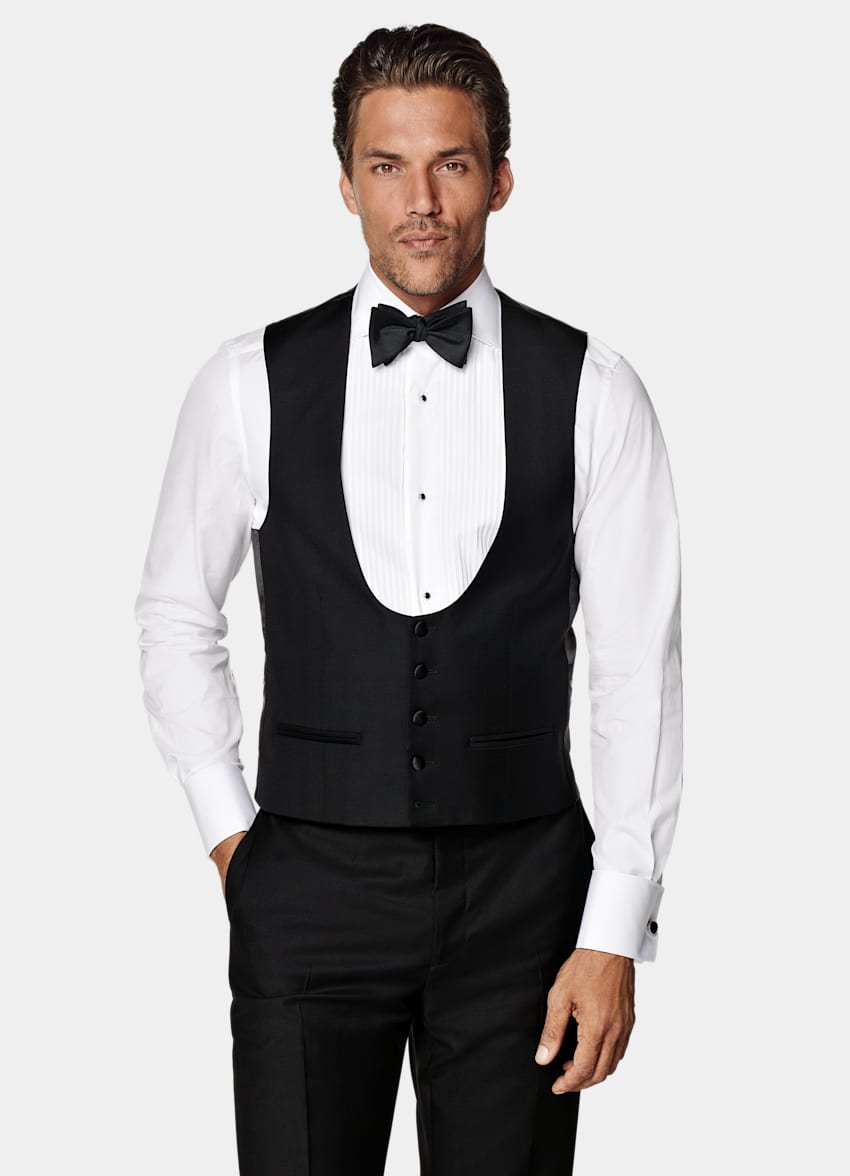 SUITSUPPLY All Season Pure S110's Wool by Vitale Barberis Canonico, Italy Black Three-Piece Tailored Fit Havana Tuxedo