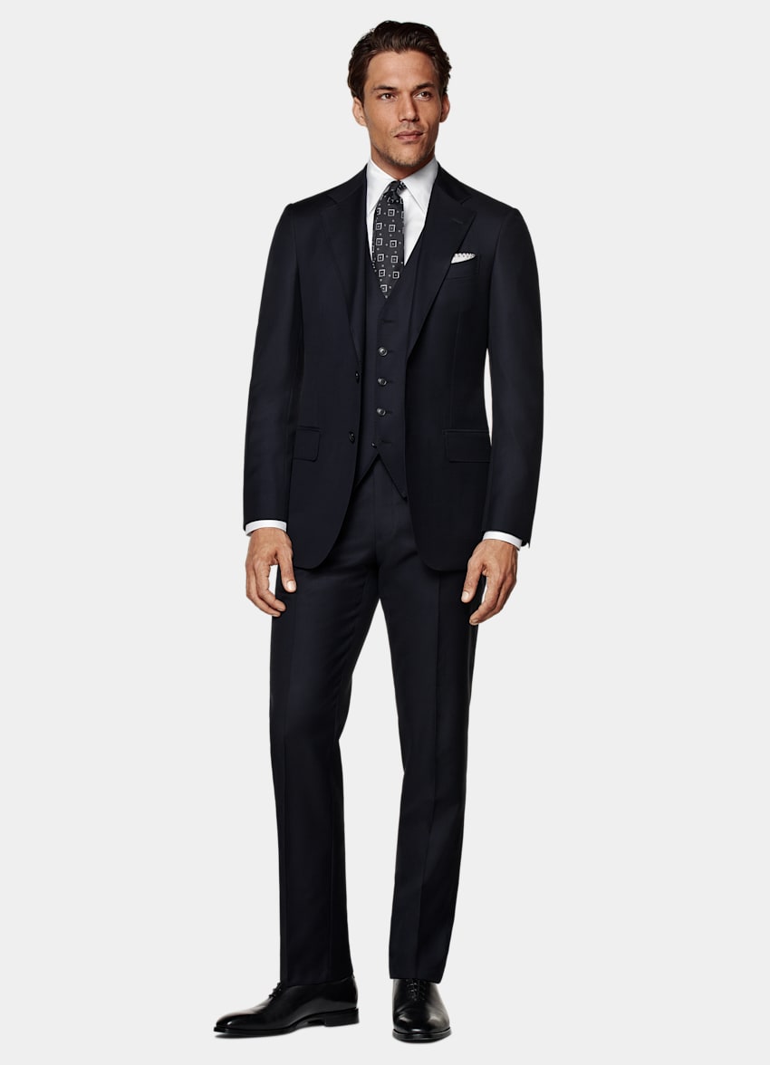 SUITSUPPLY All Season Pure S110's Wool by Vitale Barberis Canonico, Italy Navy Three-Piece Tailored Fit Havana Suit