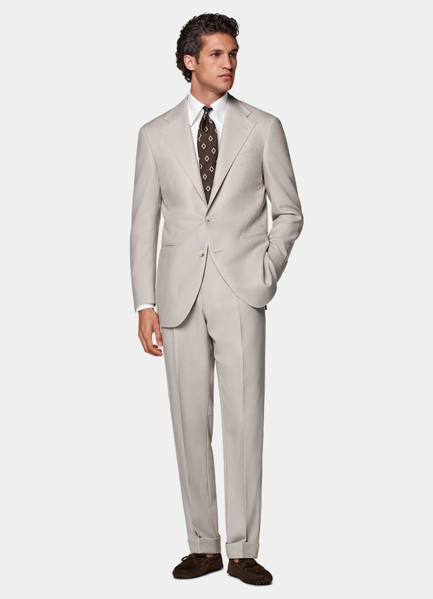 SUITSUPPLY All Season Pure 4-Ply Traveller Wool by Rogna, Italy Light Taupe Relaxed Fit Roma Suit