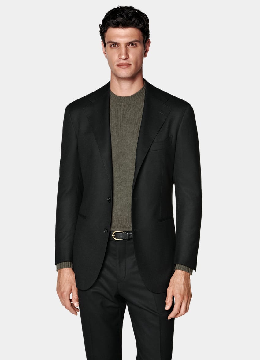 SUITSUPPLY Winter Pure S120's Wool Flannel by Vitale Barberis Canonico, Italy Black Relaxed Fit Roma Suit