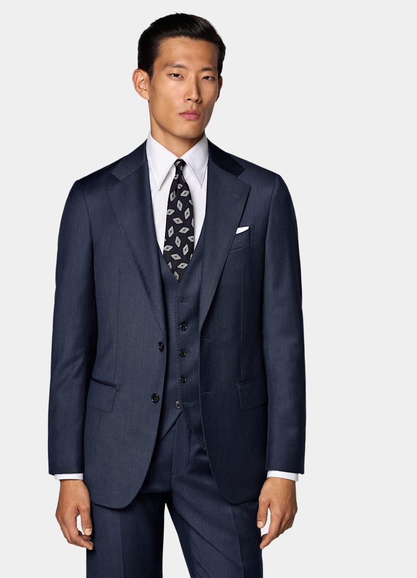 SUITSUPPLY All Season Pure S110's Wool by Vitale Barberis Canonico, Italy Mid Blue Three-Piece Tailored Fit Havana Suit