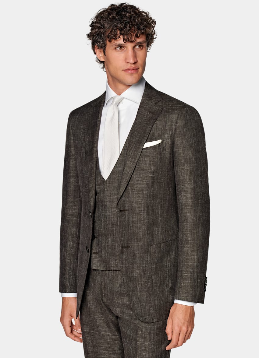 SUITSUPPLY Wool Silk Linen by E.Thomas, Italy  Dark Brown Three-Piece Tailored Fit Havana Suit