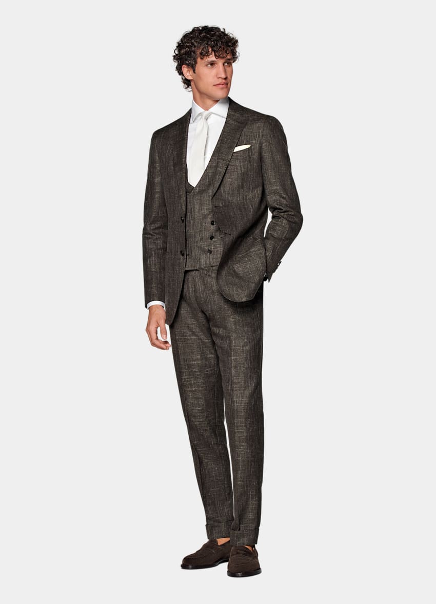 SUITSUPPLY Wool Silk Linen by E.Thomas, Italy  Dark Brown Three-Piece Tailored Fit Havana Suit