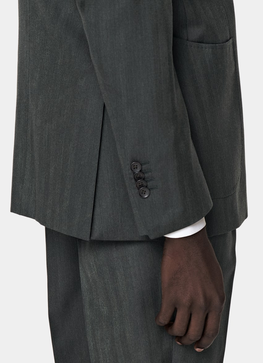 SUITSUPPLY Pure S130's Wool by Drago, Italy Dark Green Herringbone Three-Piece Lazio Suit