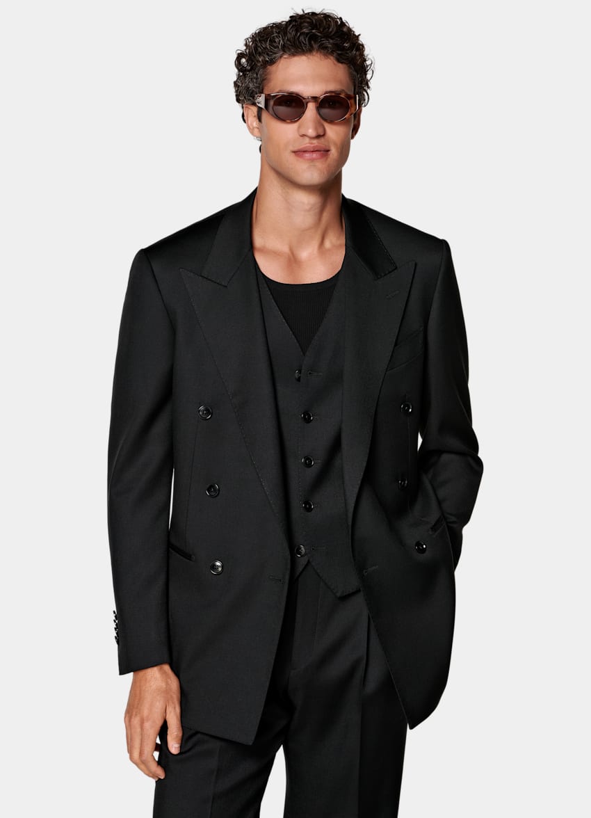 SUITSUPPLY All Season Wool Mohair by Vitale Barberis Canonico, Italy Black Three-Piece Relaxed Fit Roma Suit