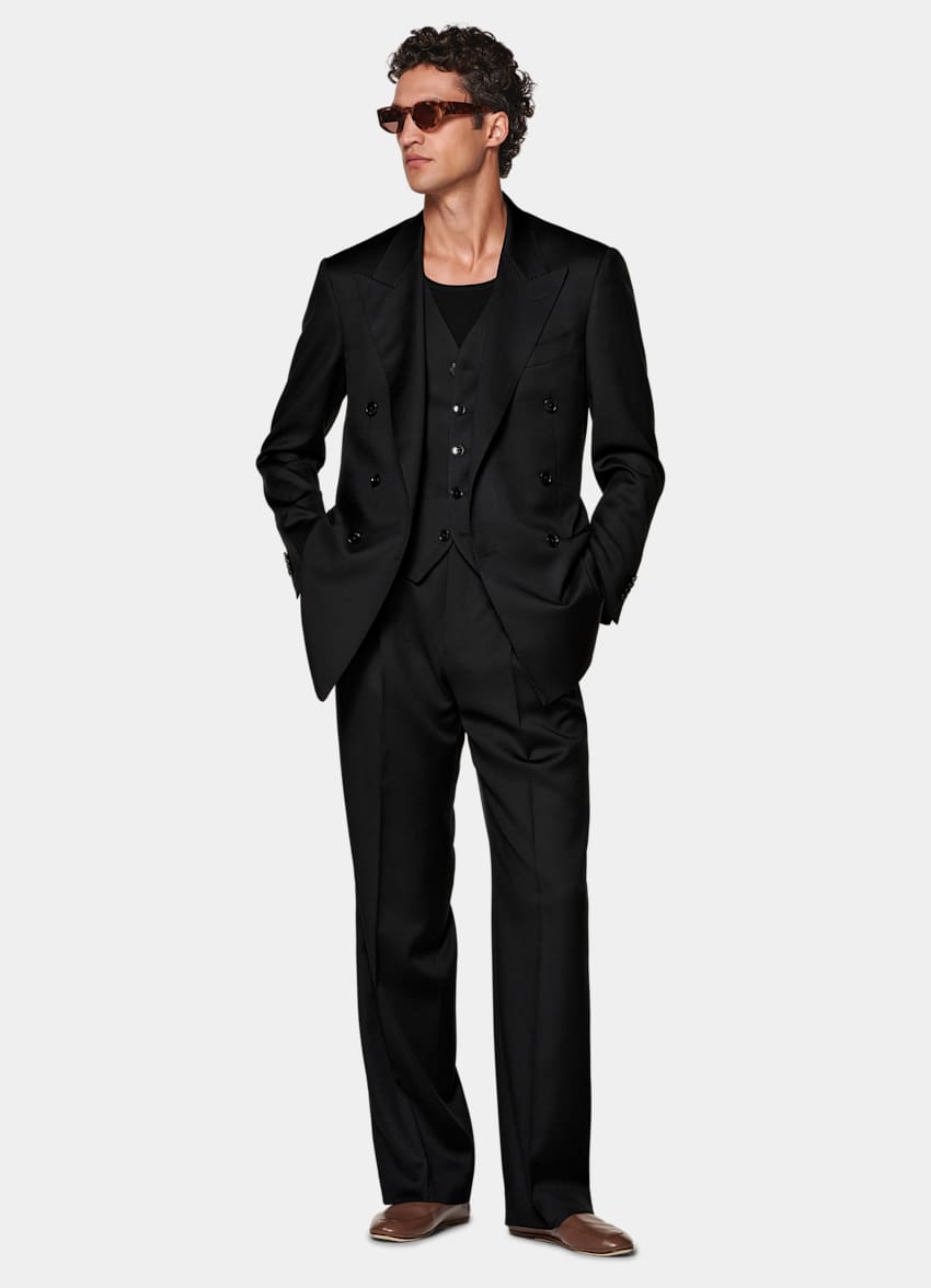 SUITSUPPLY All Season Wool Mohair by Vitale Barberis Canonico, Italy Black Three-Piece Relaxed Fit Roma Suit