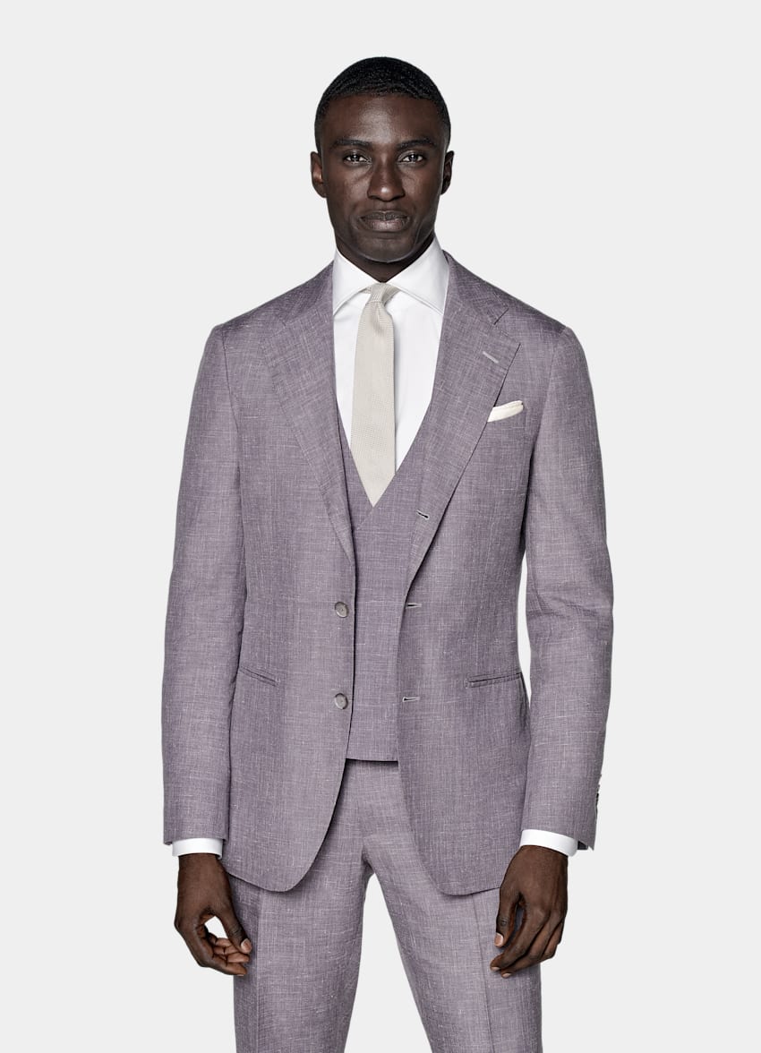 SUITSUPPLY Wool Silk Linen by Rogna, Italy Purple Three-Piece Lazio Suit